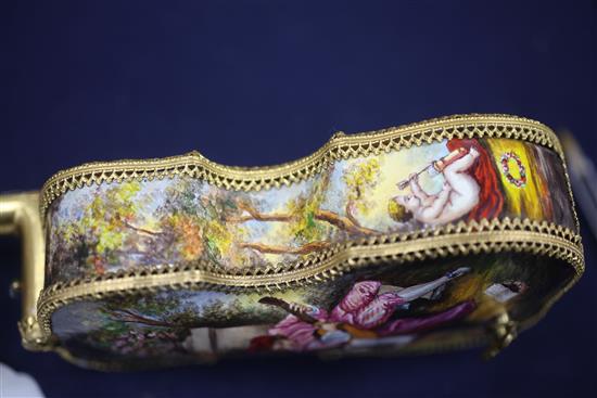Two 20th century Viennese enamel musical boxes, in the form of a piano and a cello with stand, 6.5in. & 11.5in.